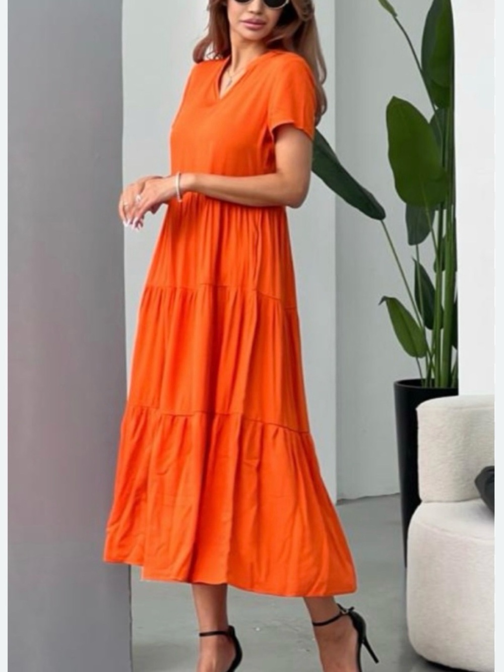 STYLEWE Bright Orange Tiered Midi Dress